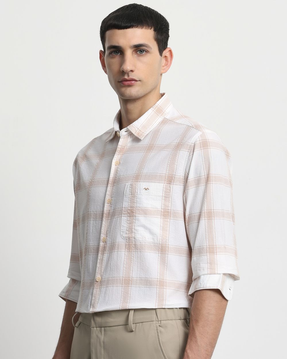 Beige Seersucker Check Slim Fit Casual Shirt