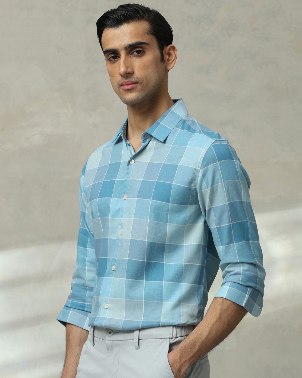 Teal Large Check Slim Fit Casual Shirt