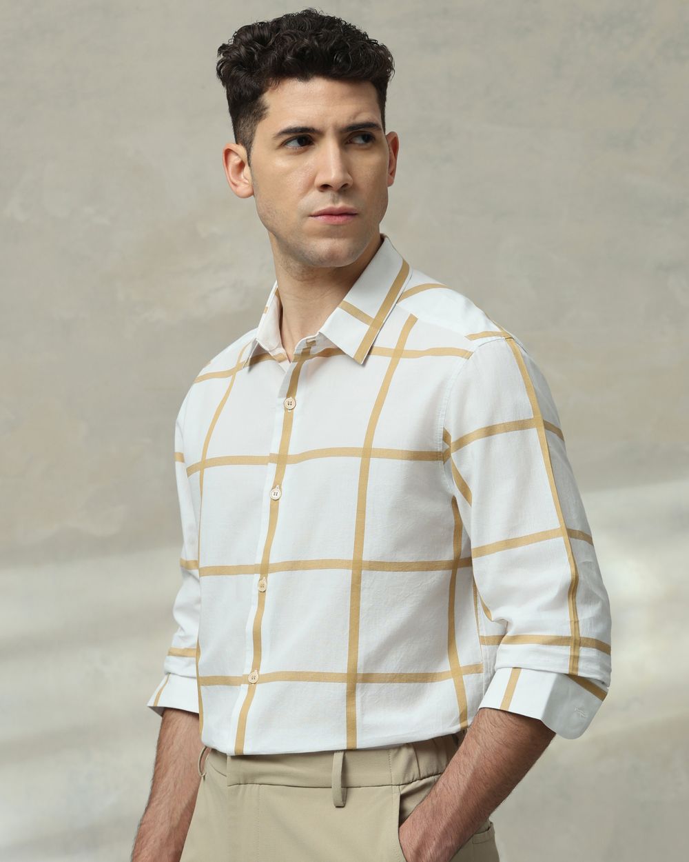 White Windowpane Check Slim Fit Casual Shirt