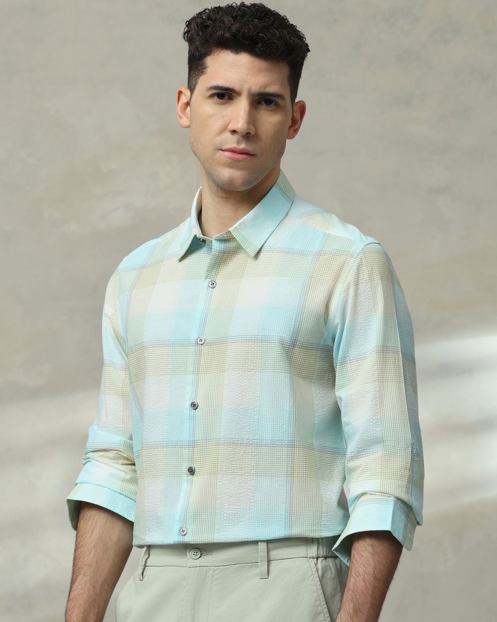 Light Blue Seersucker Check Slim Fit Casual Shirt