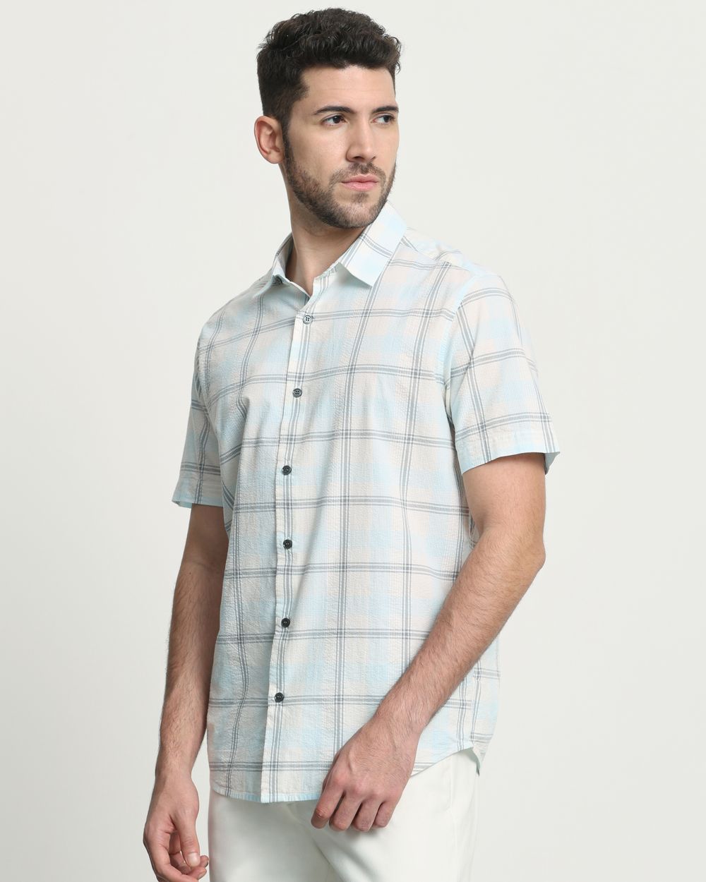 Light Blue Seersucker Check Slim Fit Casual Shirt