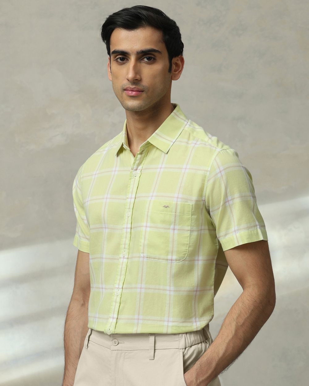 Light Green Square Check Slim Fit Casual Shirt