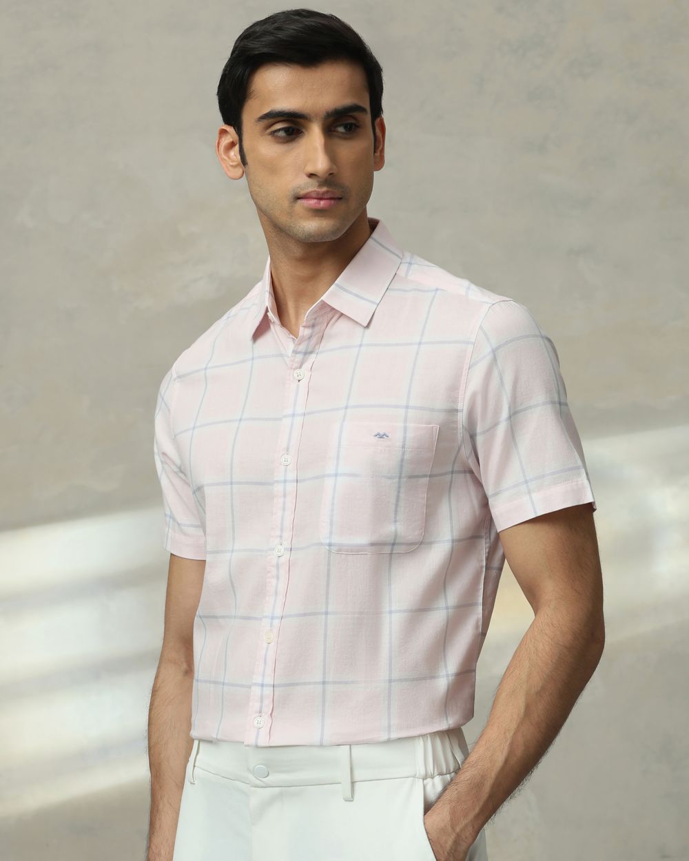 Peach Square Check Slim Fit Casual Shirt