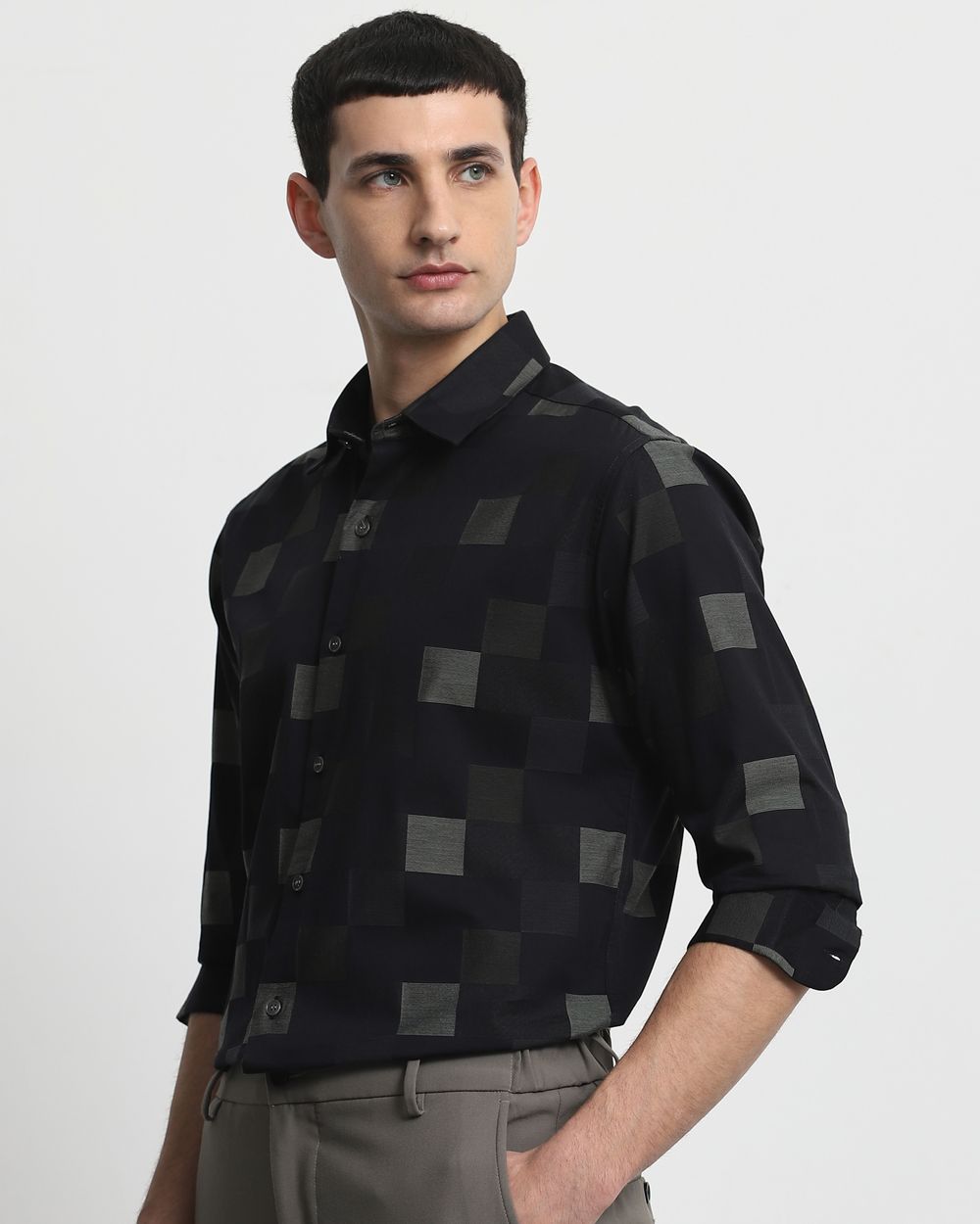 Black Tonal Check Slim Fit Casual Shirt