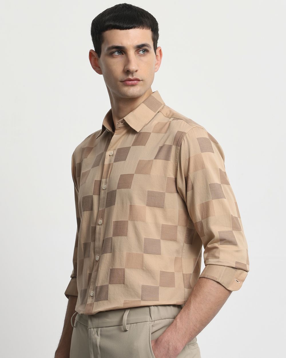 Beige Tonal Check Slim Fit Casual Shirt