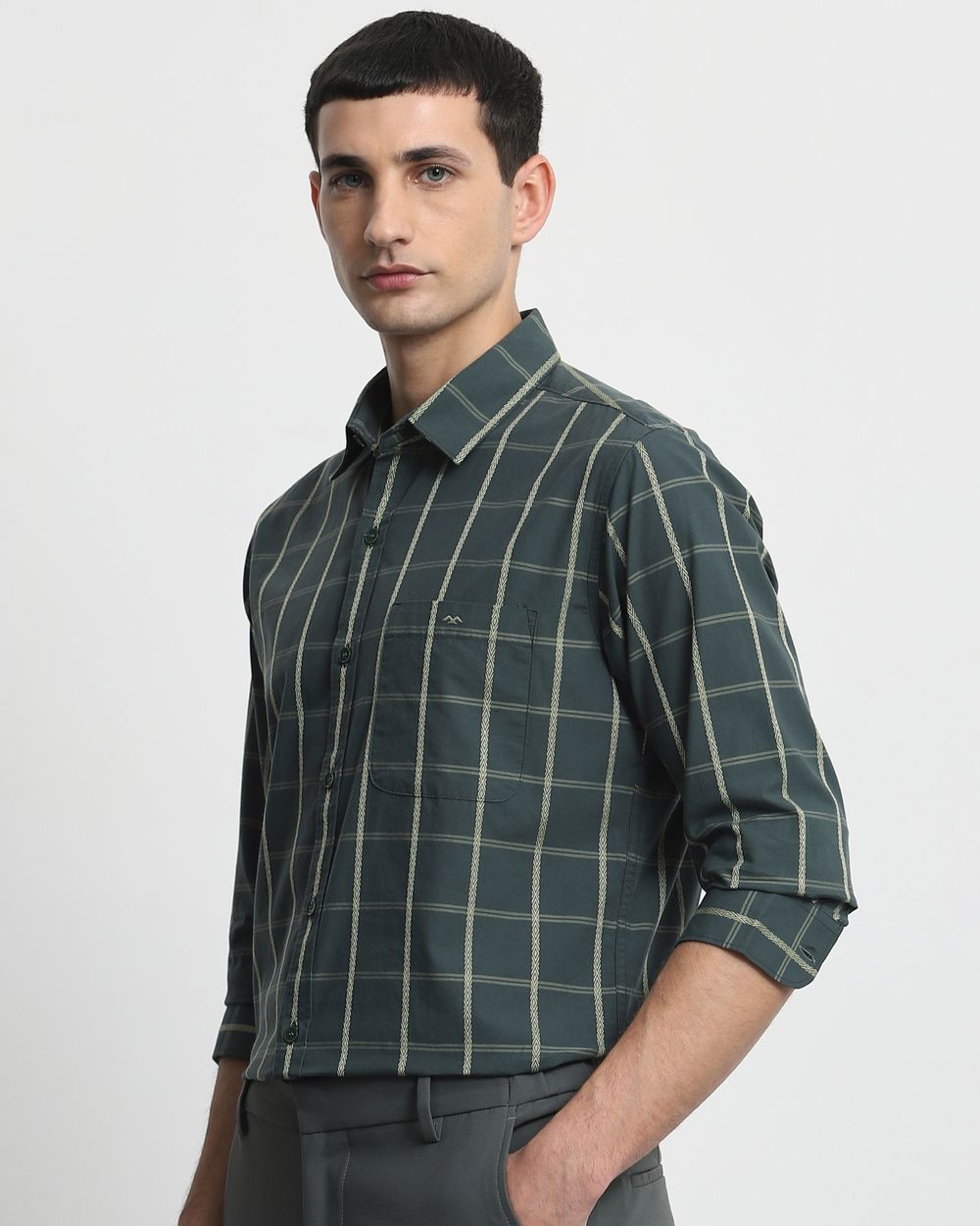 Dark Green Square Check Slim Fit Casual Shirt