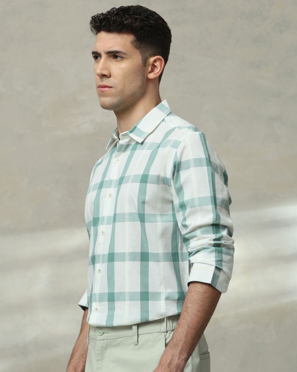 Green Large Check Slim Fit Casual Shirt