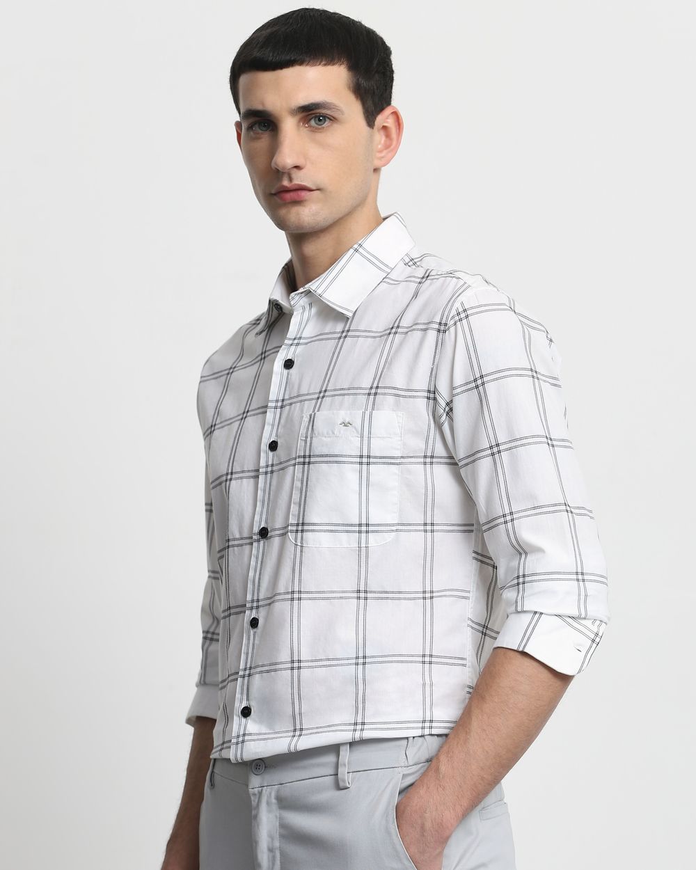 White Textured Check Slim Fit Casual Shirt