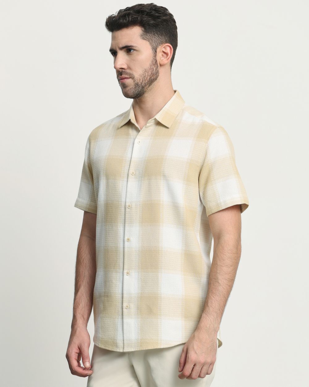 Beige Large Check Slim Fit Casual Shirt