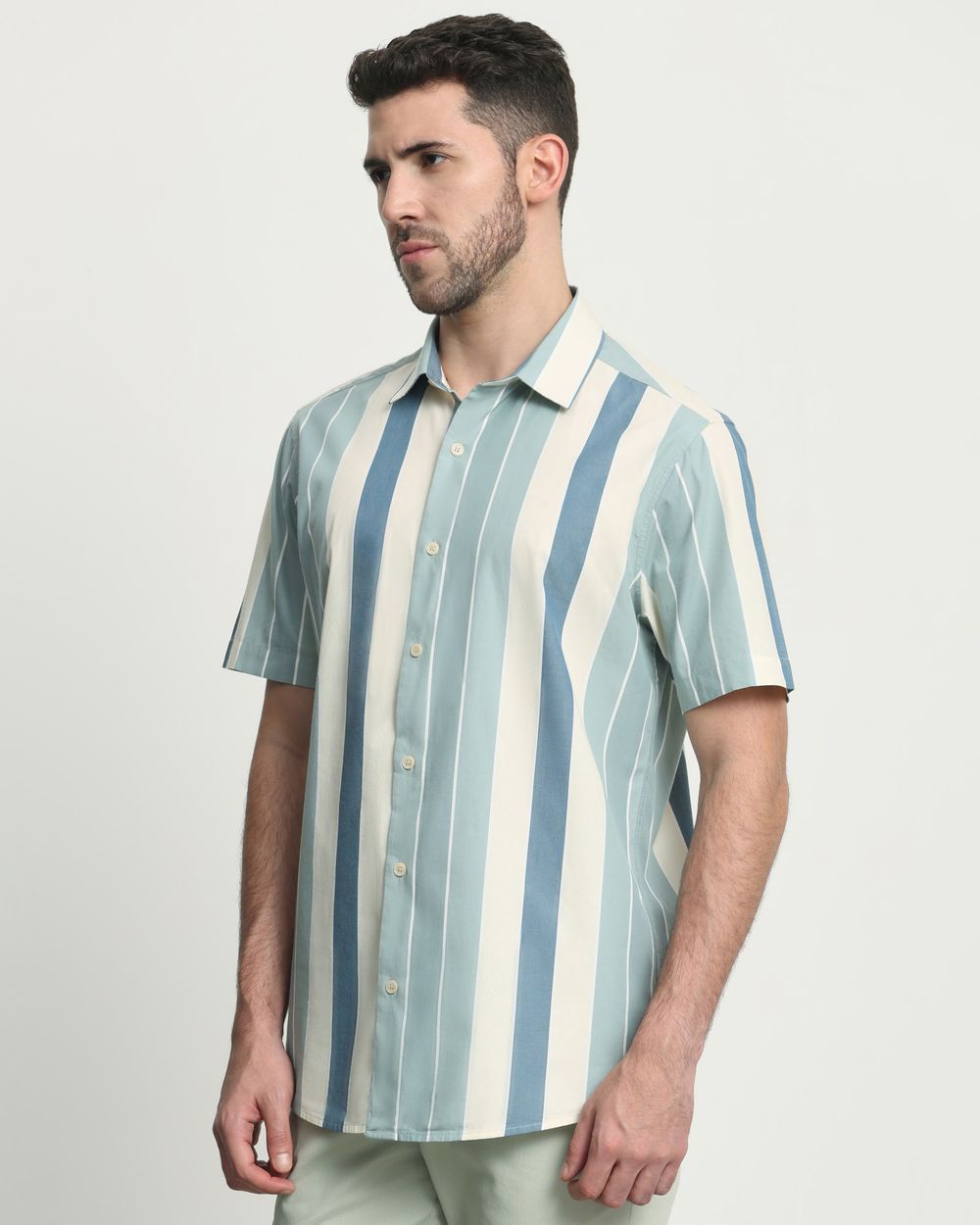 Light Olive Wide Stripe Slim Fit Casual Shirt