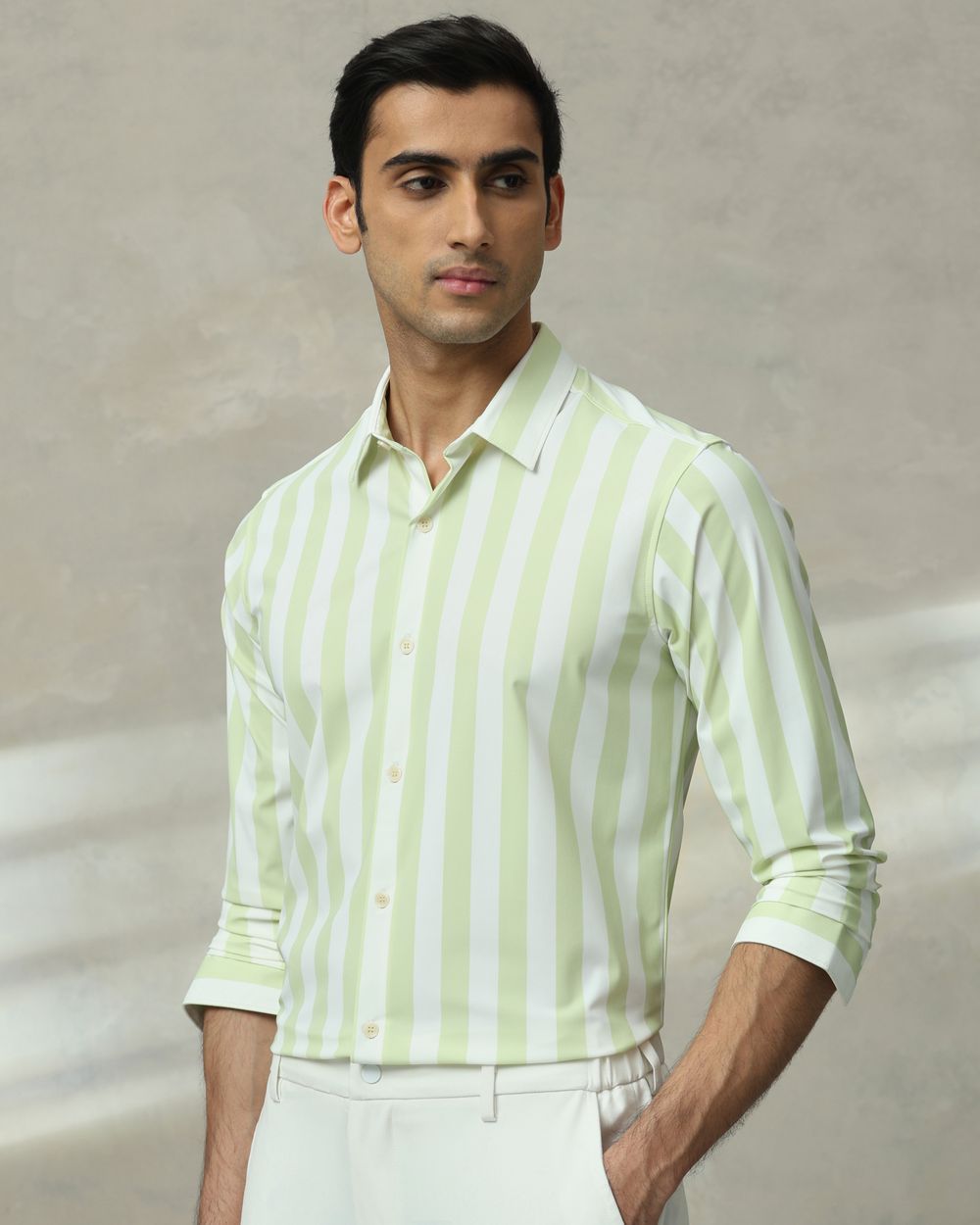 Light Green Scuba Stripe Stretch Slim Fit Casual Shirt