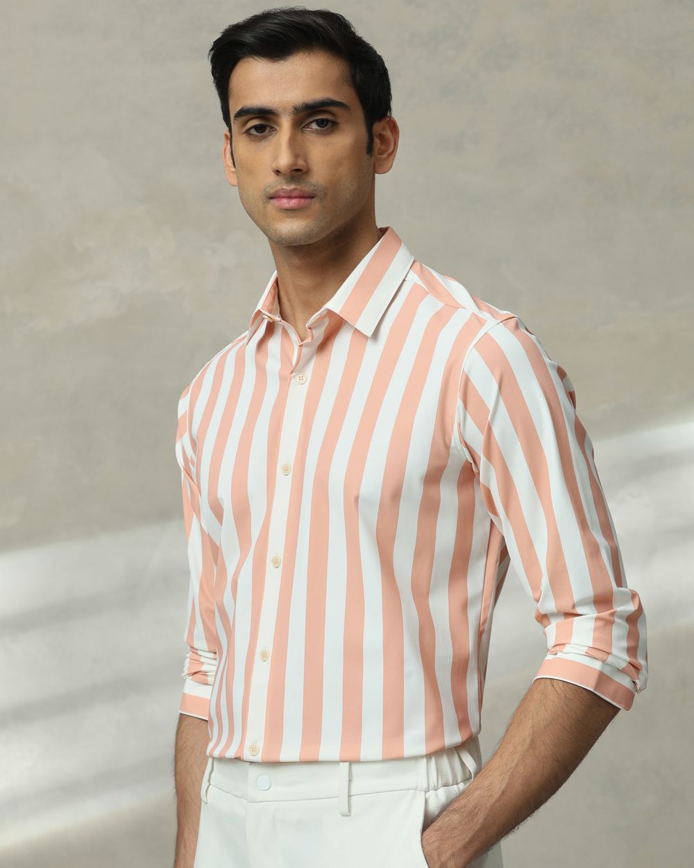 Peach Scuba Stripe Stretch Slim Fit Casual Shirt