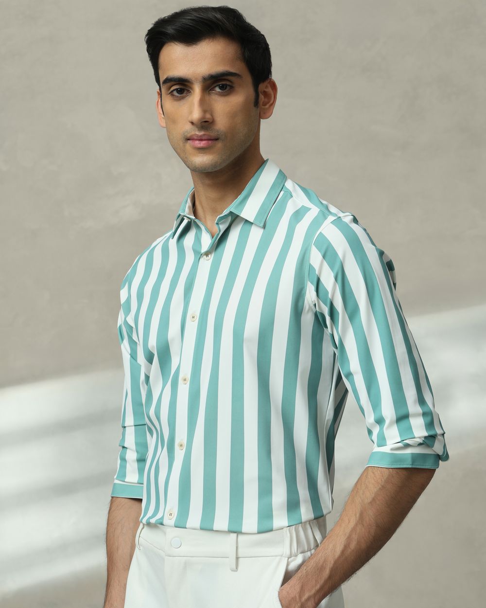 Teal Scuba Stripe Stretch Slim Fit Casual Shirt