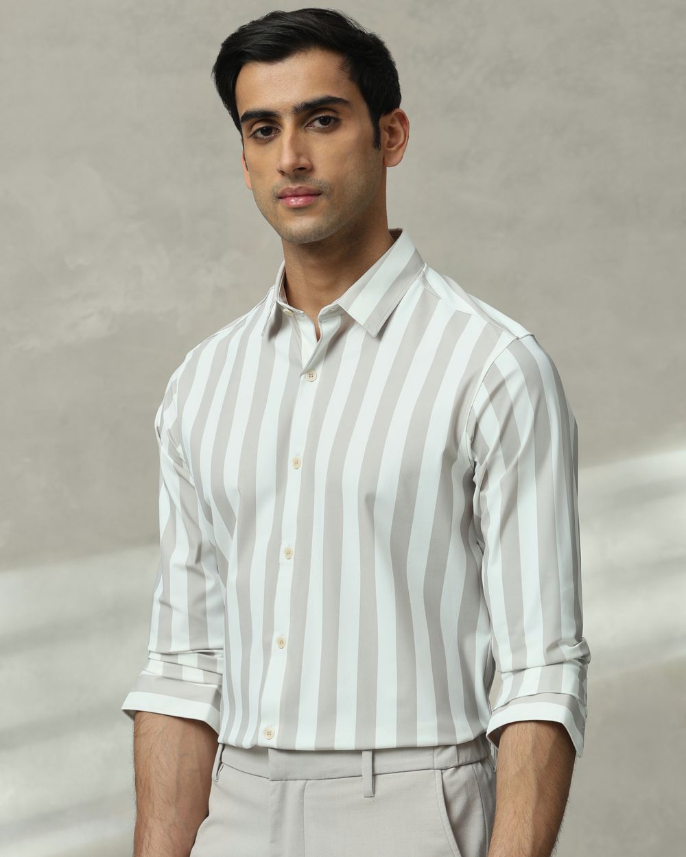 Light Grey Scuba Stripe Stretch Slim Fit Casual Shirt
