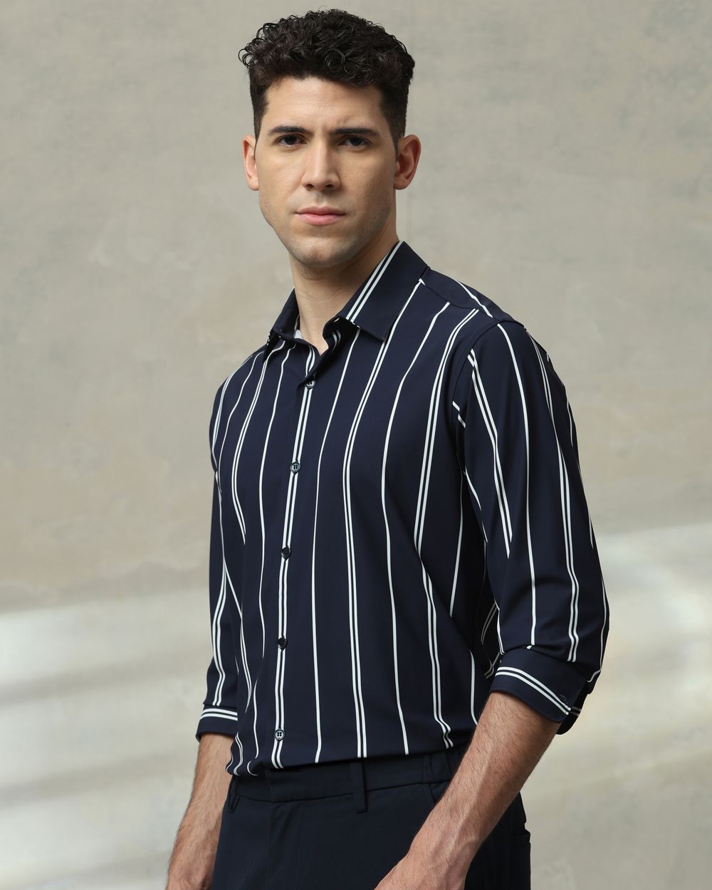 Navy Scuba Stripe Stretch Slim Fit Casual Shirt