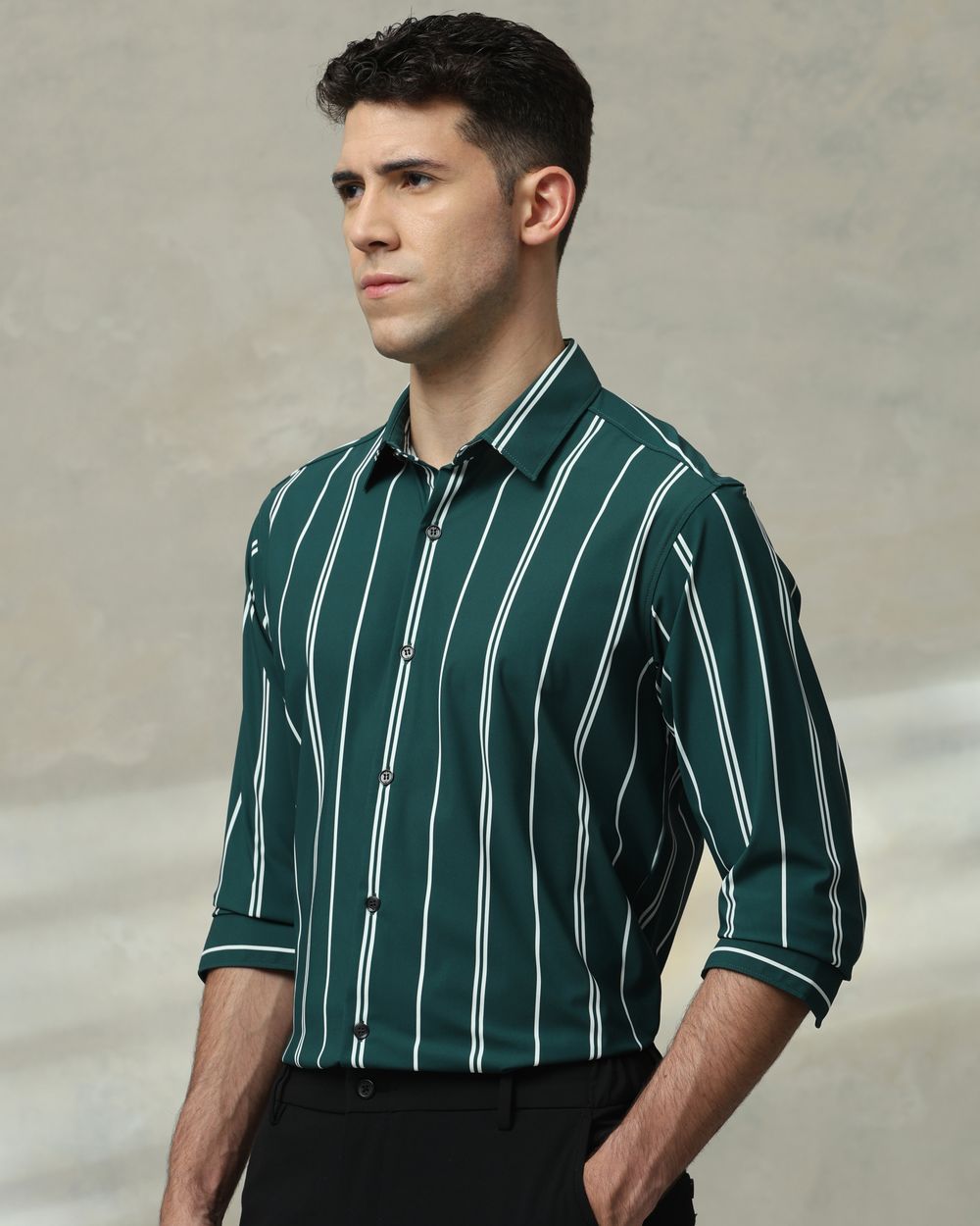 Dark Green Scuba Stripe Stretch Slim Fit Casual Shirt