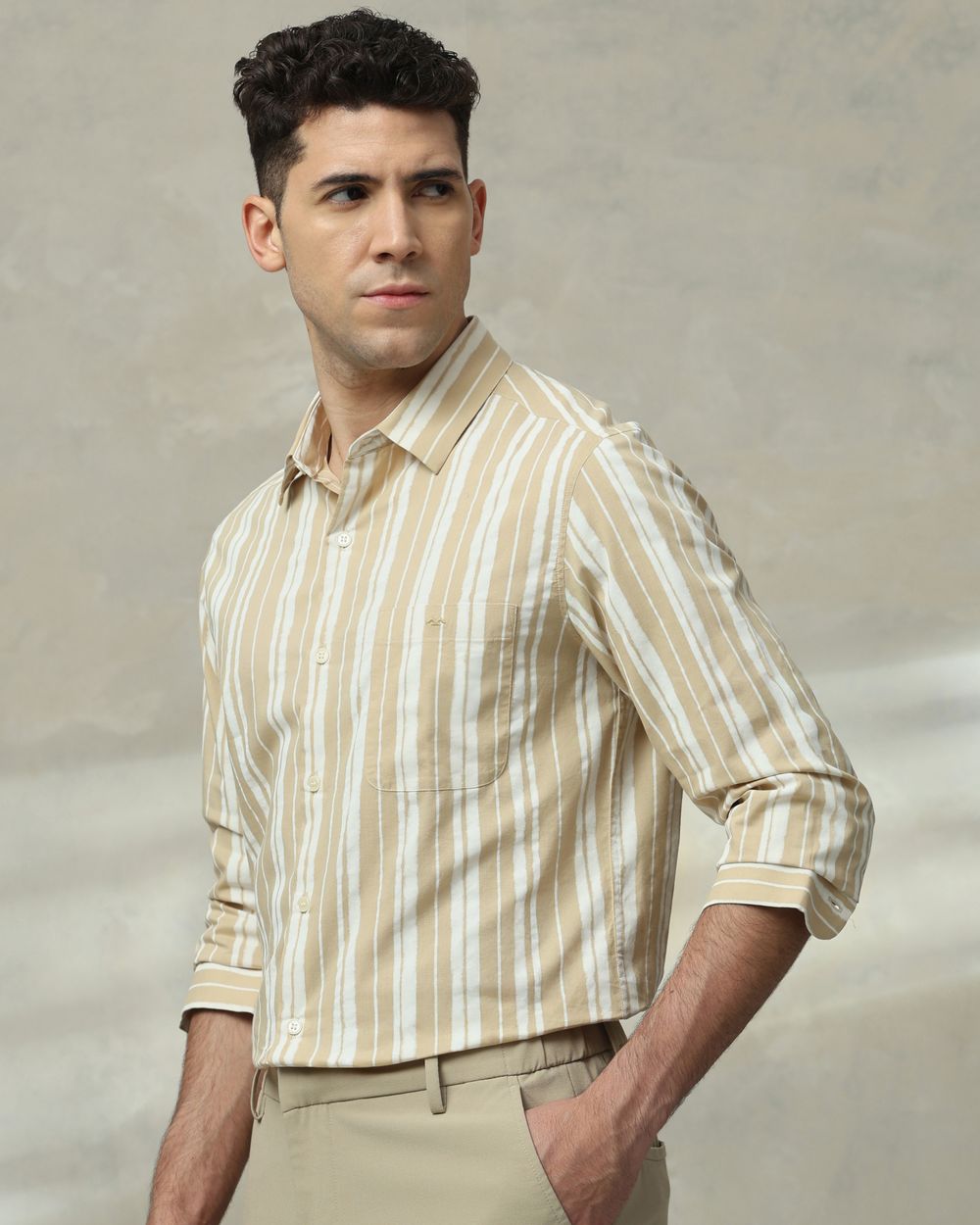 Beige Printed Stripe Slim Fit Casual Shirt