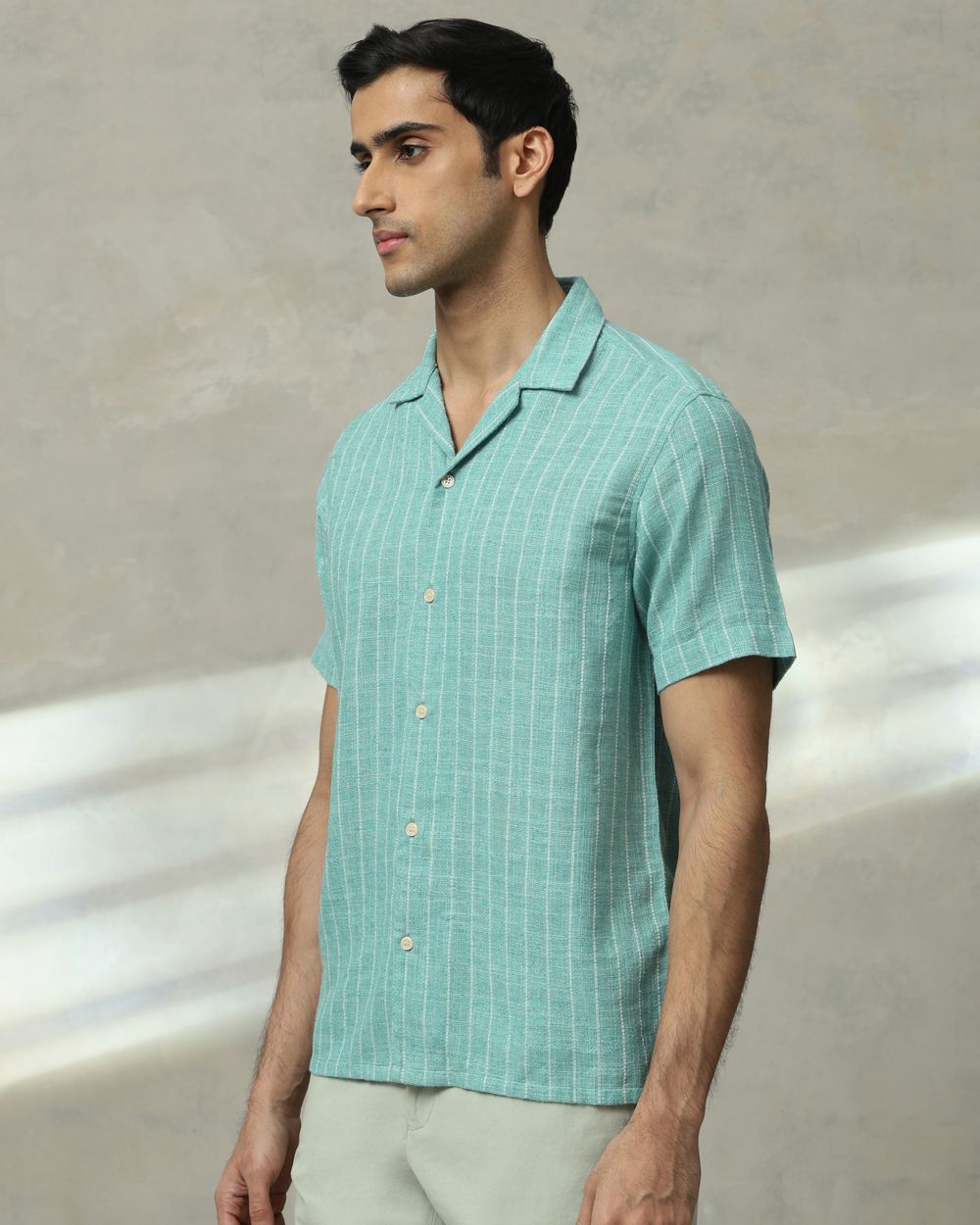 Light Green Pin Stripe Relaxed Fit Casual Shirt