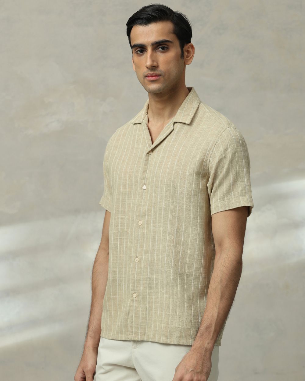 Beige Pin Stripe Relaxed Fit Casual Shirt