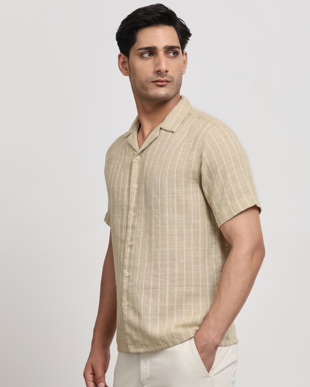 Beige Pin Stripe Relaxed Fit Casual Shirt