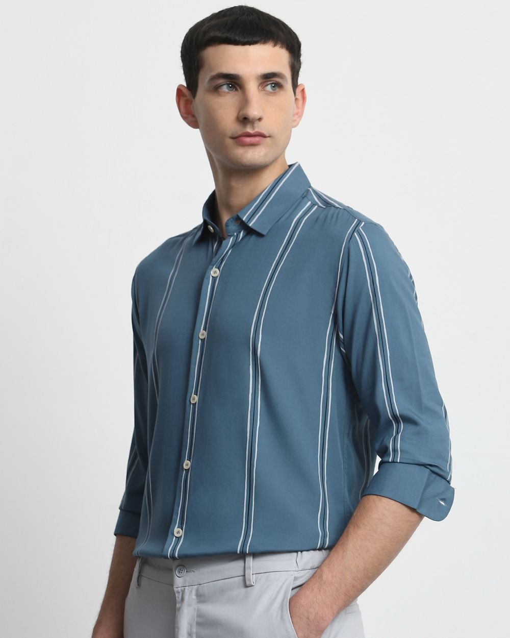 Blue Viscose Stripe Slim Fit Casual Shirt