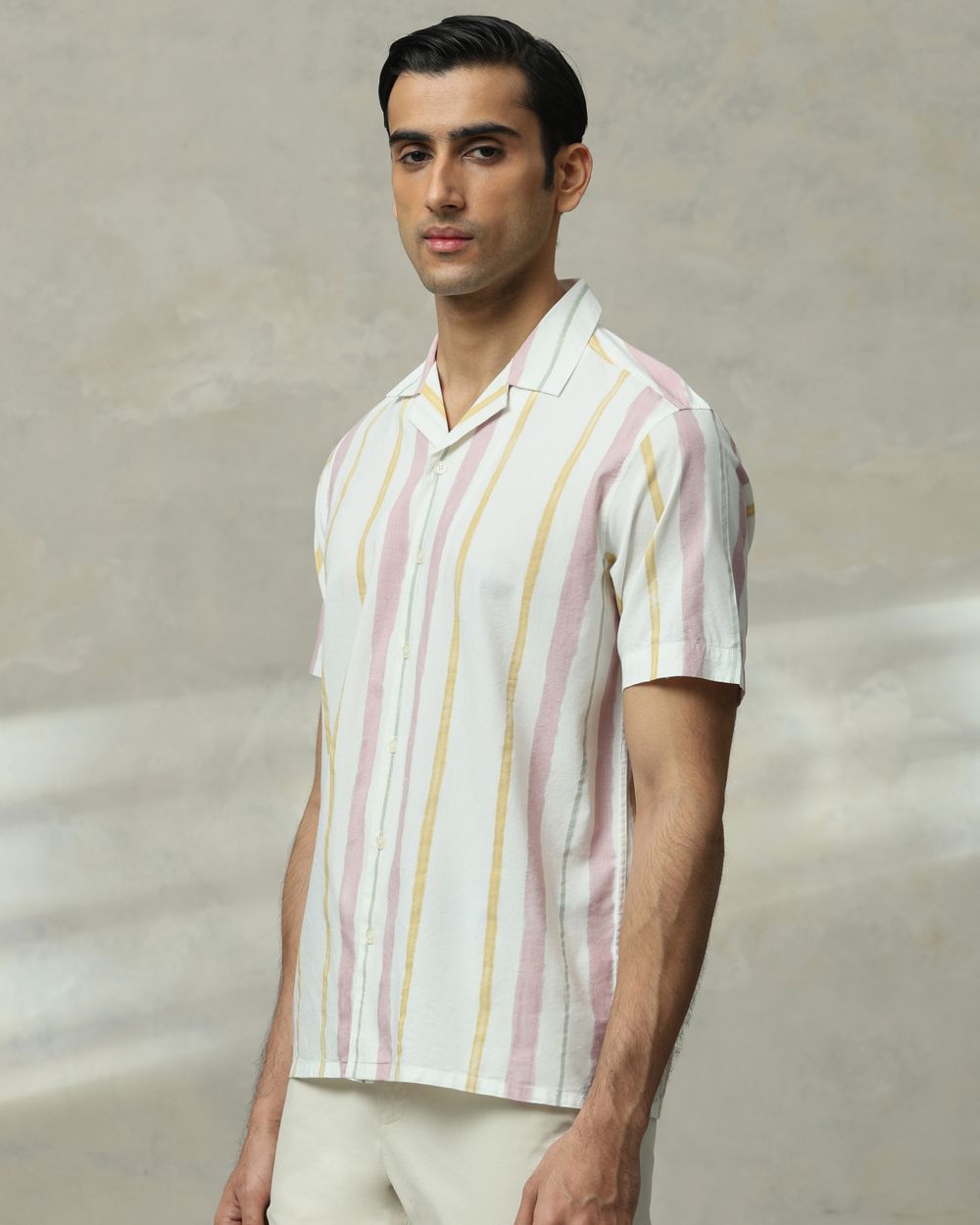 Pastel Pink Printed Stripe Slim Fit Casual Shirt