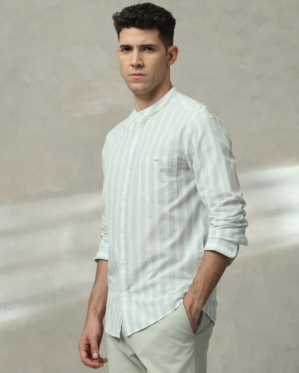 Sage Cotton Linen Stripe Slim Fit Casual Shirt
