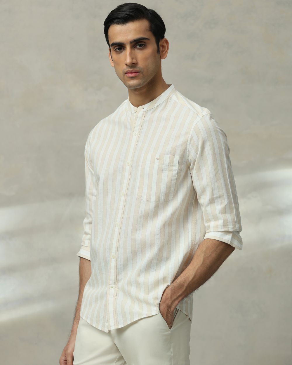 Beige Cotton Linen Stripe Slim Fit Casual Shirt