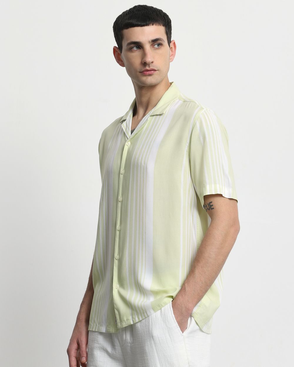 Light Green Printed Stripe Relaxed Fit Casual Shirt