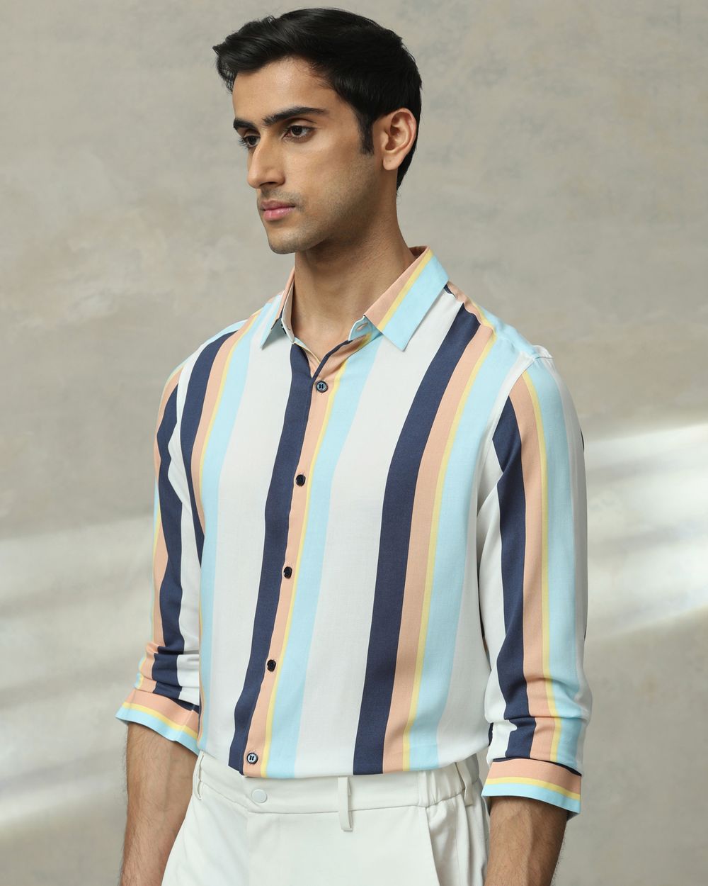 Multicolour Printed Stripe Slim Fit Casual Shirt