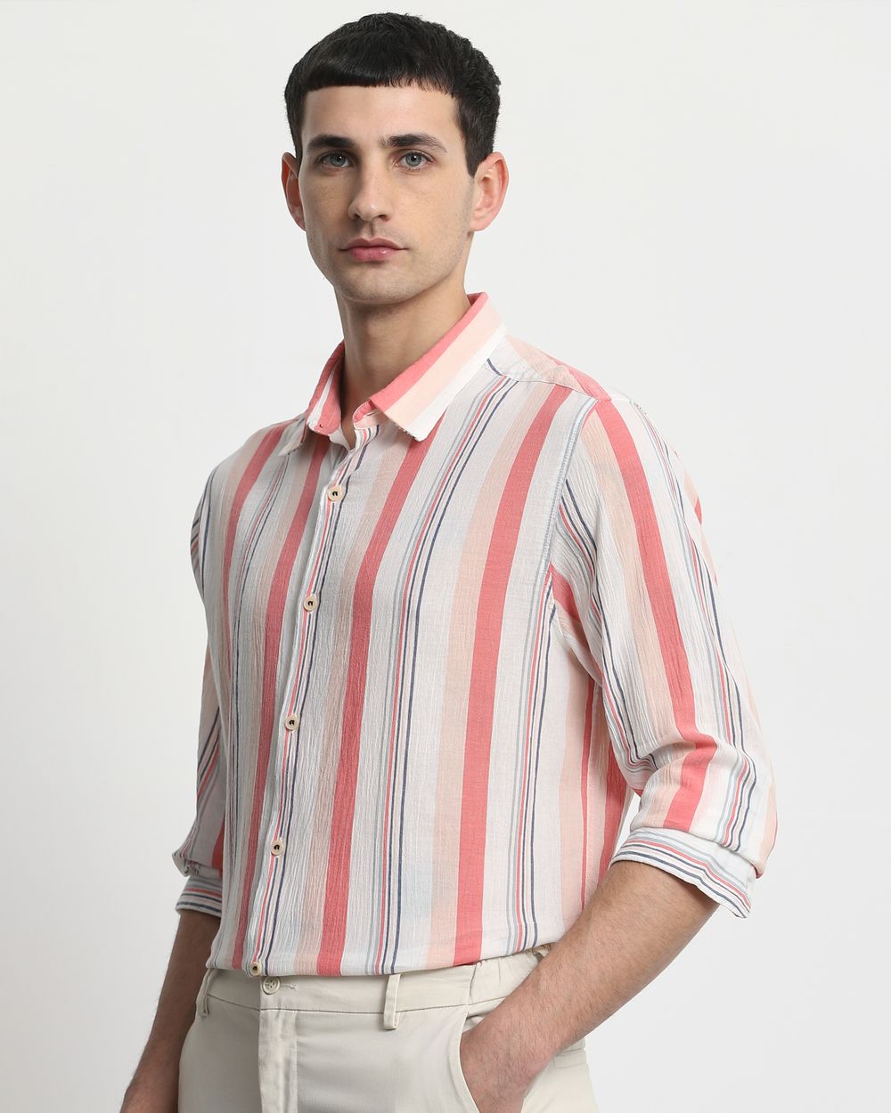 Pink Textured Stripe Slim Fit Casual Shirt