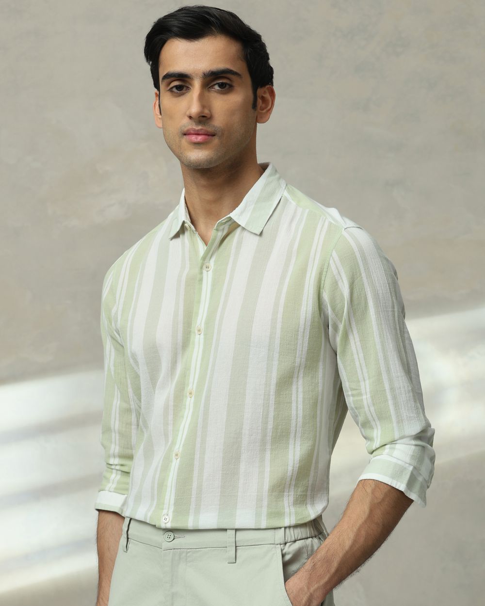 Sage Wide Stripe Slim Fit Casual Shirt