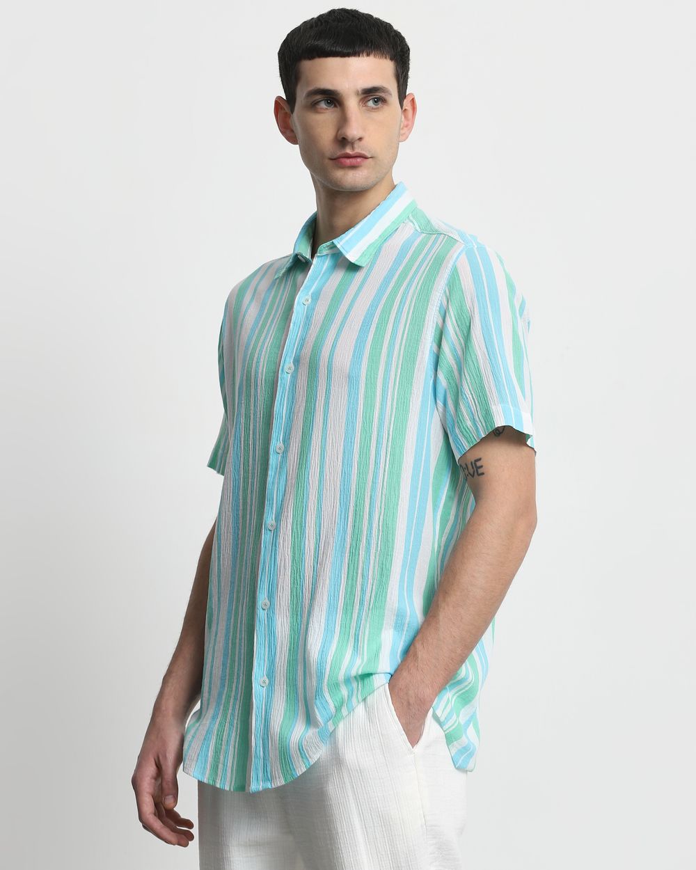 Green Textured Stripe Slim Fit Casual Shirt