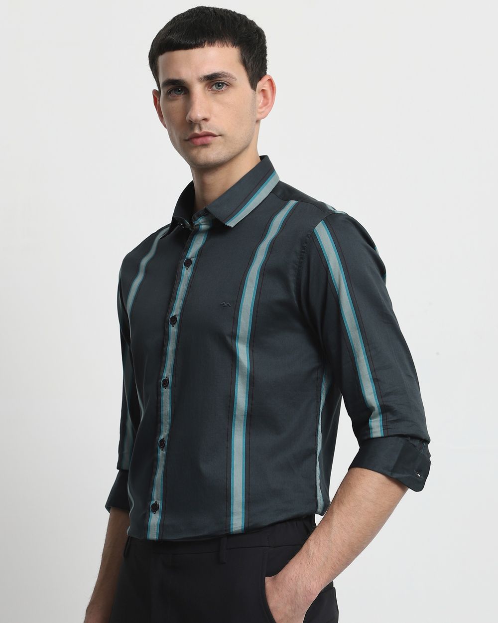 Dark Green Satin Stripe Slim Fit Casual Shirt
