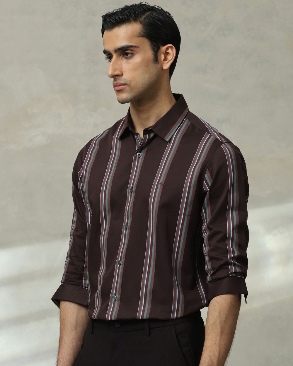 Brown Satin Stripe Slim Fit Casual Shirt