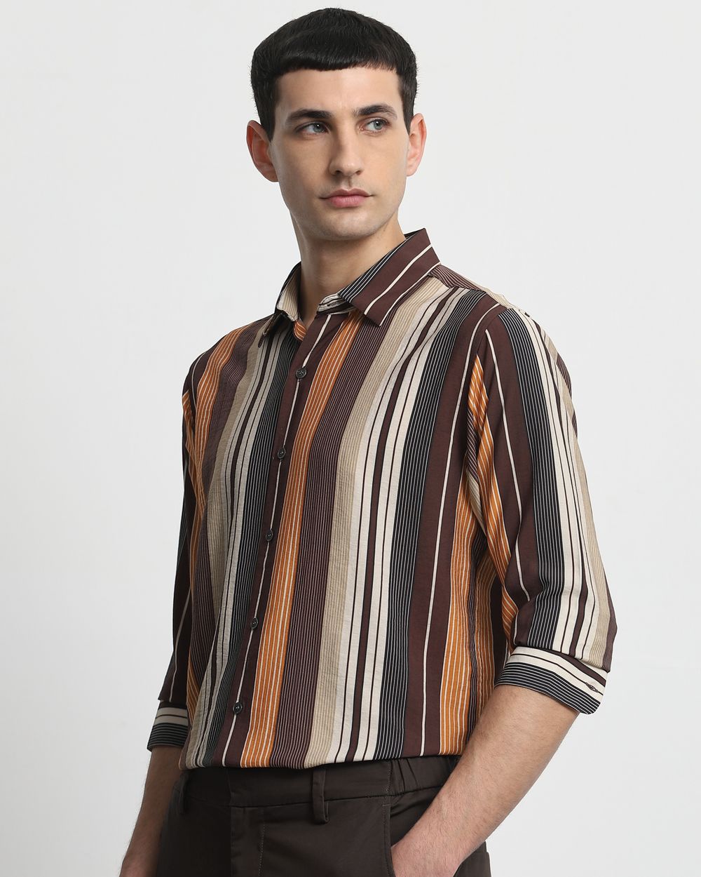 Brown Wide Stripe Slim Fit Casual Shirt