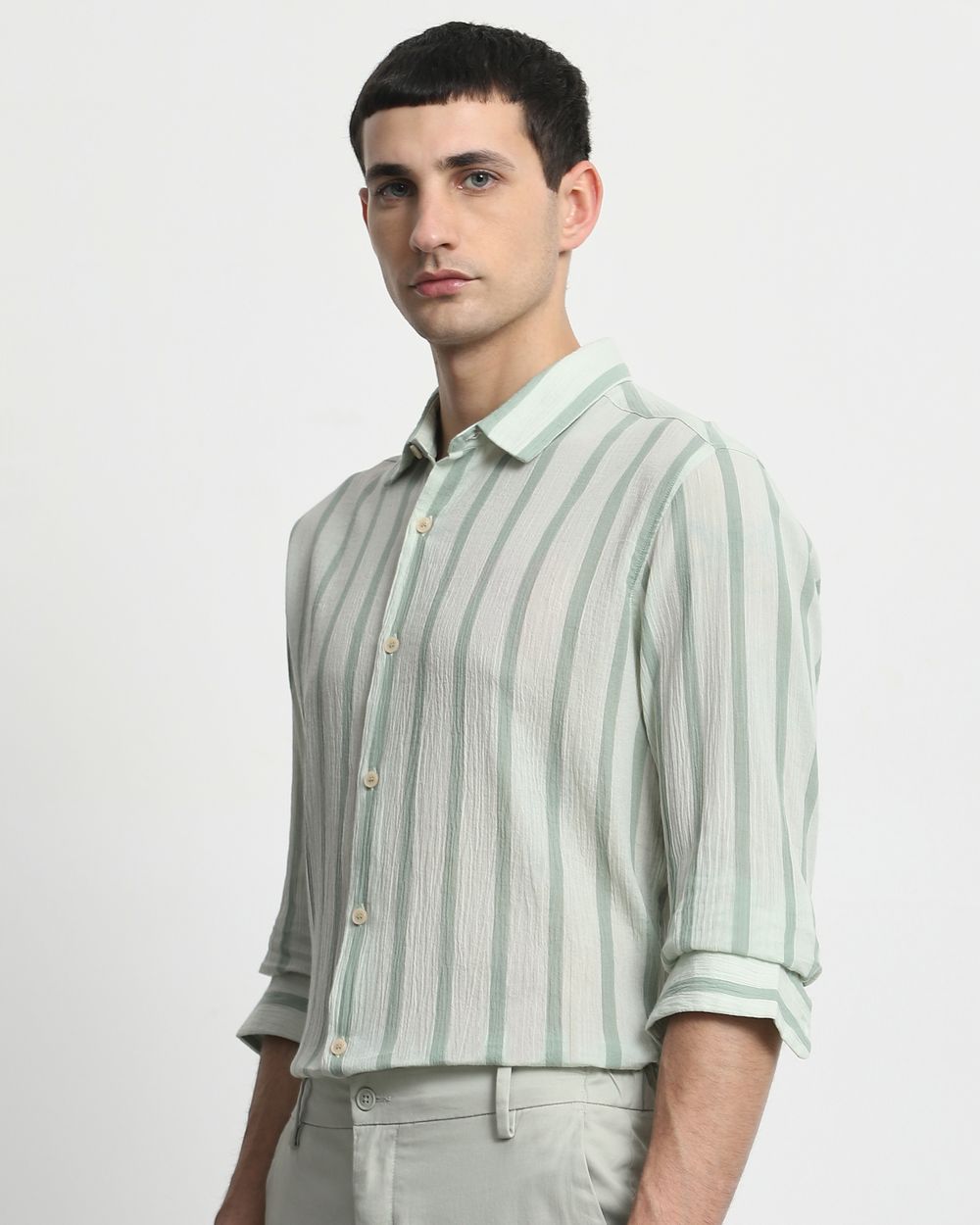Sage Textured Stripe Slim Fit Casual Shirt