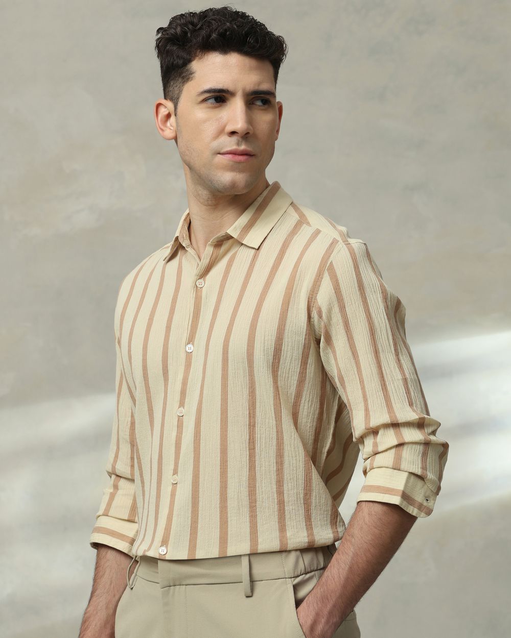 Beige Textured Stripe Slim Fit Casual Shirt