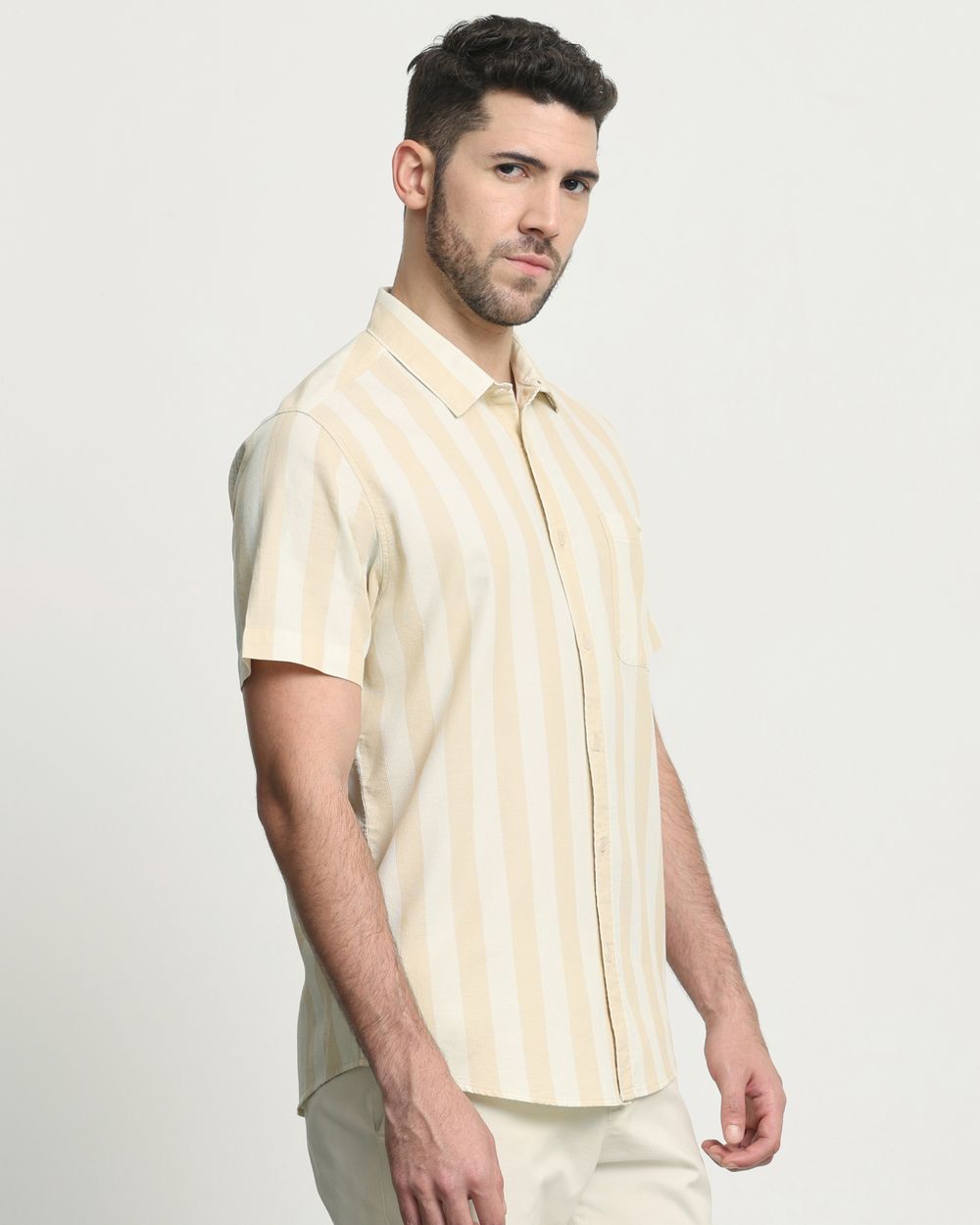 Light Khaki Tonal Stripe Slim Fit Casual Shirt