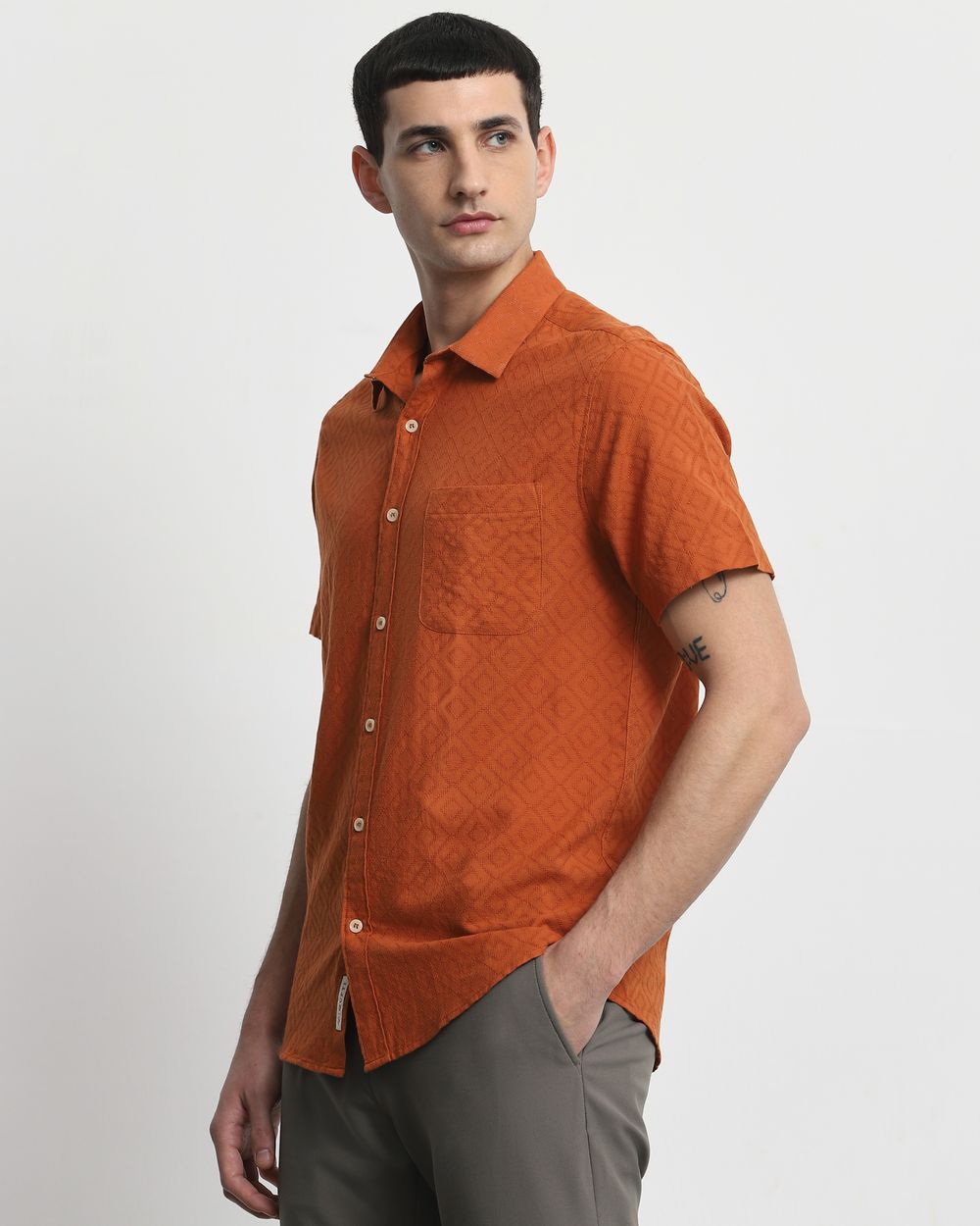 Rust Textured Plain Slim Fit Casual Shirt