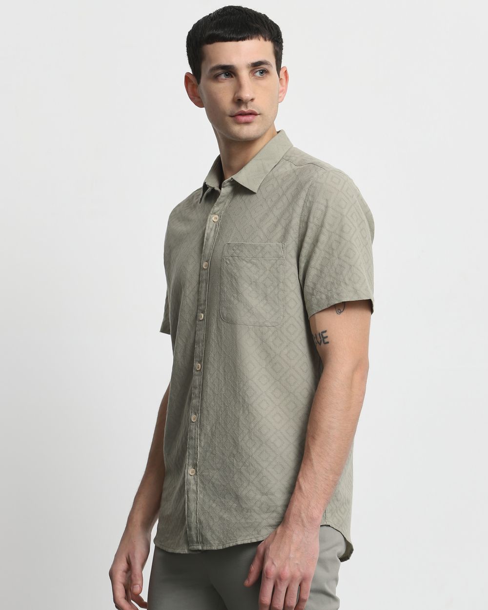 Grey Textured Plain Slim Fit Casual Shirt