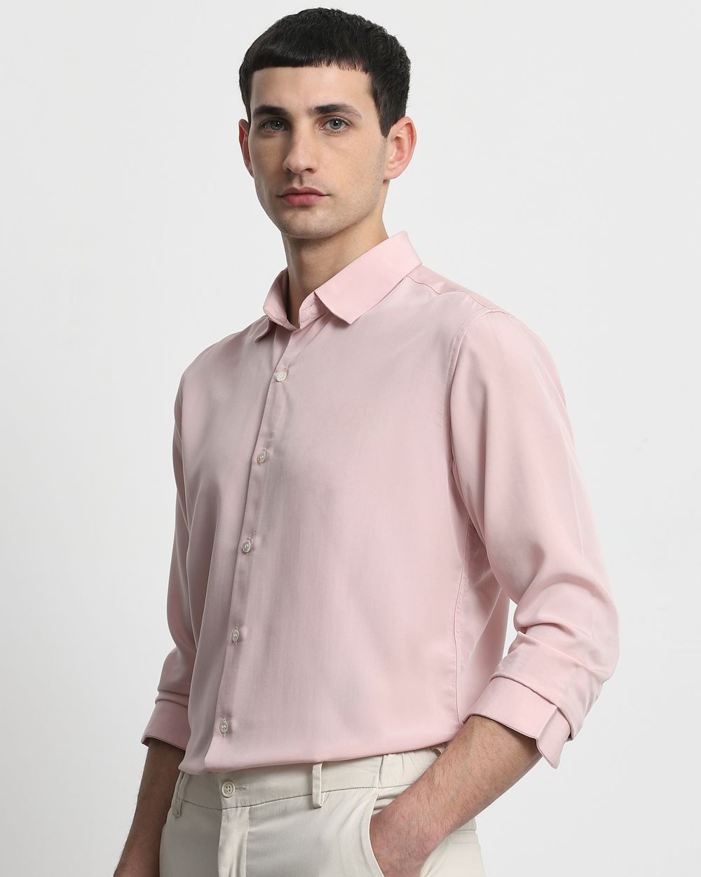 Pastel Pink Fluid Plain Slim Fit Casual Shirt