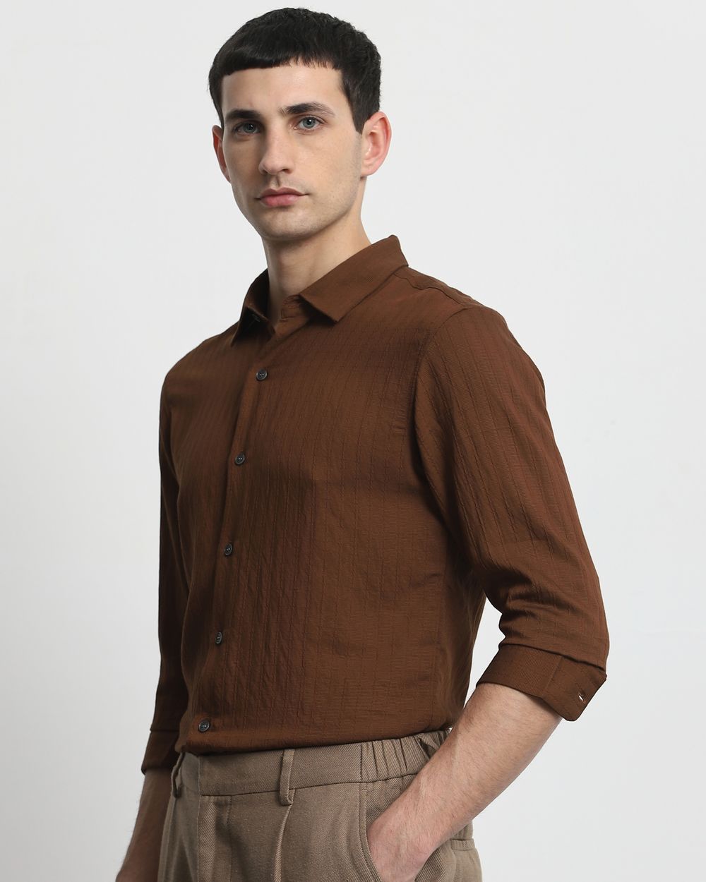 Brown Textured Plain Slim Fit Casual Shirt