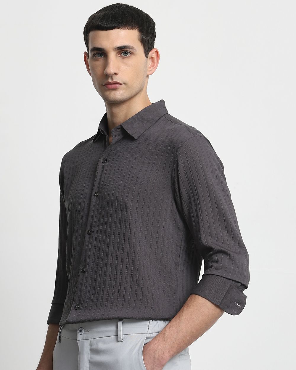 Grey Textured Plain Slim Fit Casual Shirt