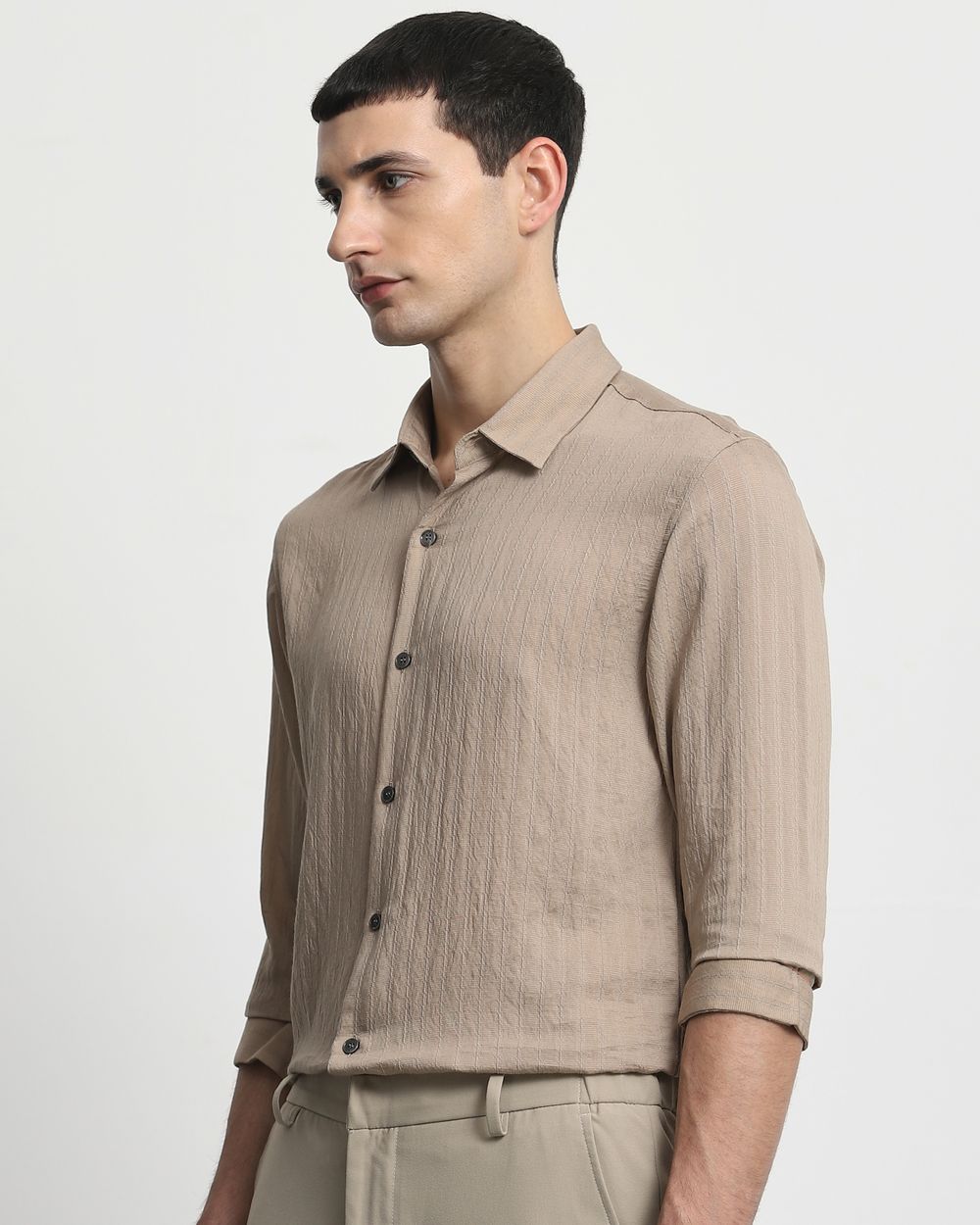 Beige Textured Plain Slim Fit Casual Shirt