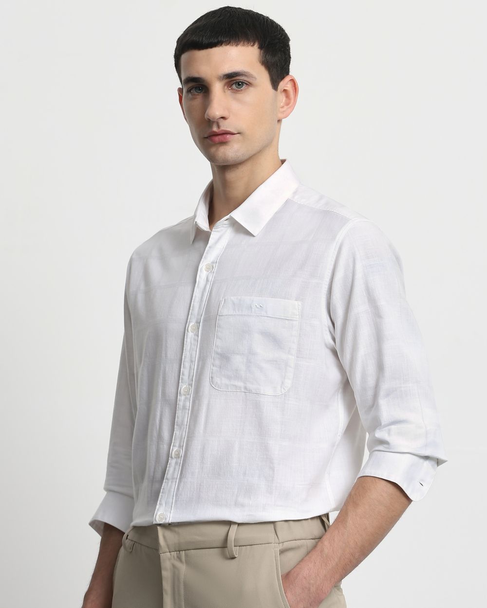 White Textured Plain Slim Fit Casual Shirt