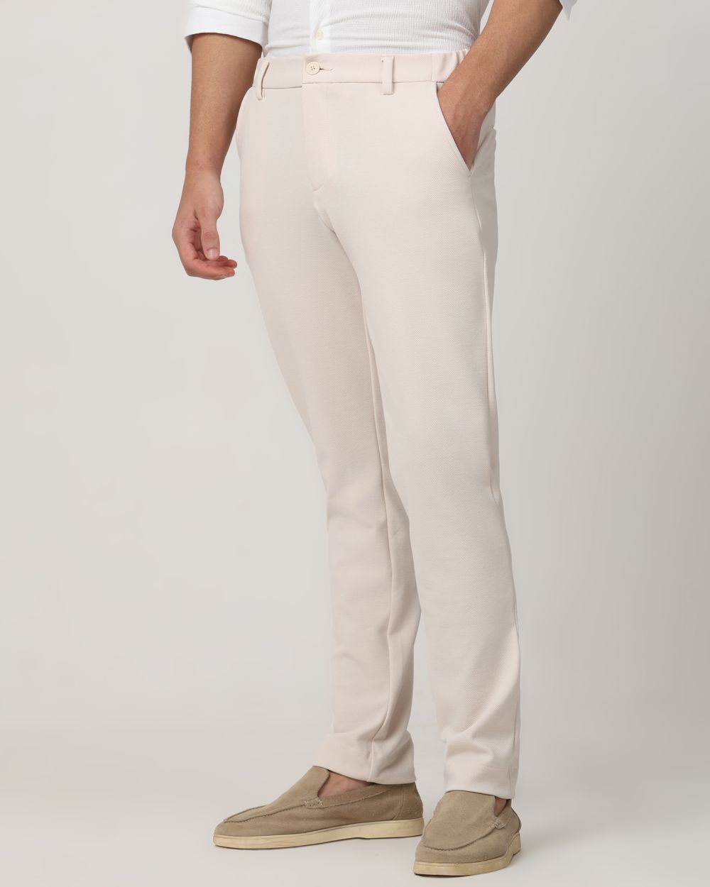 Beige Slim Fit Jersey Flat Front Pants Trousers