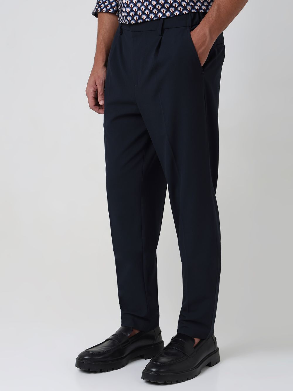 Navy Relaxed Tapered Fit Single Pleated Trouser