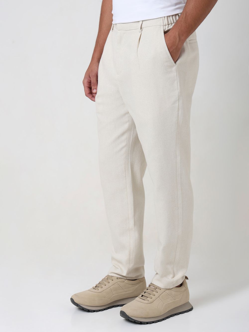 Beige Relaxed Tapered Fit Seersucker Single Pleat Trouser