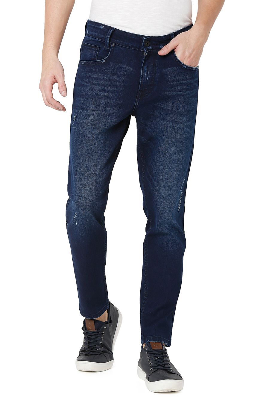 Dark Blue Ankle Length Distressed Stretch Jeans